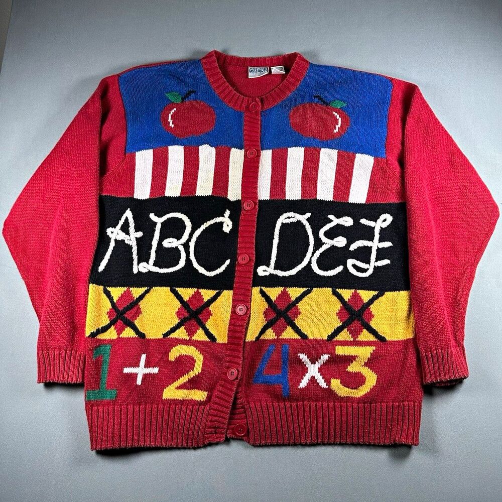 Vintage Teacher Cardigan XL ABC Apples Knit Christopher Gayle School Sweater